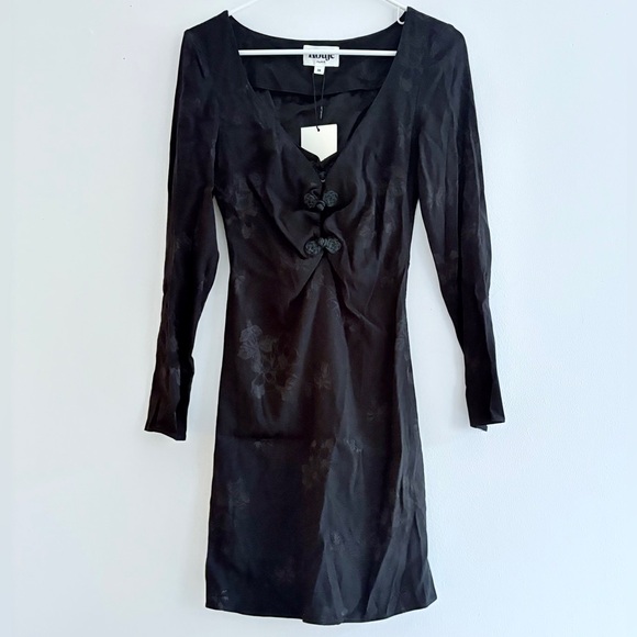 ROUJE PARIS Nancia Floral Jacquard Silk Satin Black Mini Dress Frog Knot Detail - Picture 7 of 16